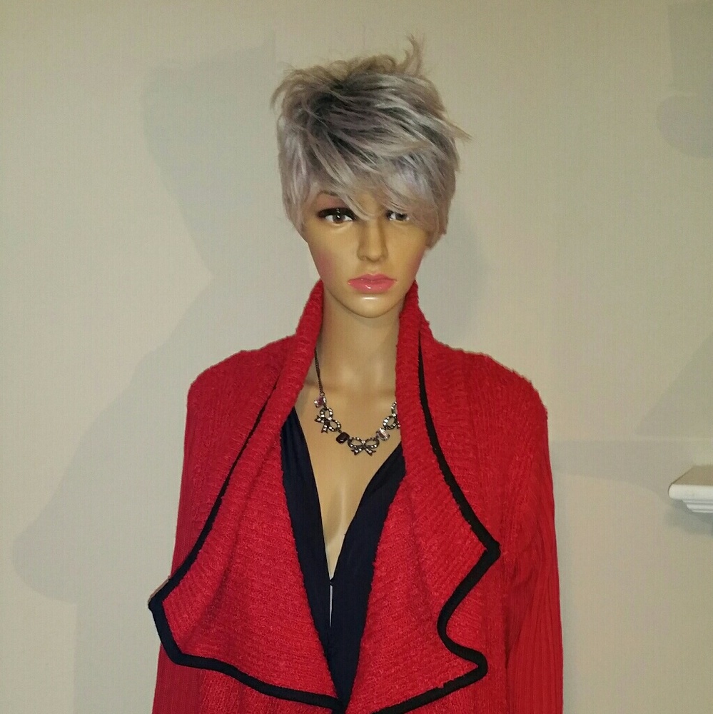 Red Black Trimmed Knit Cardigan w/Pockets
